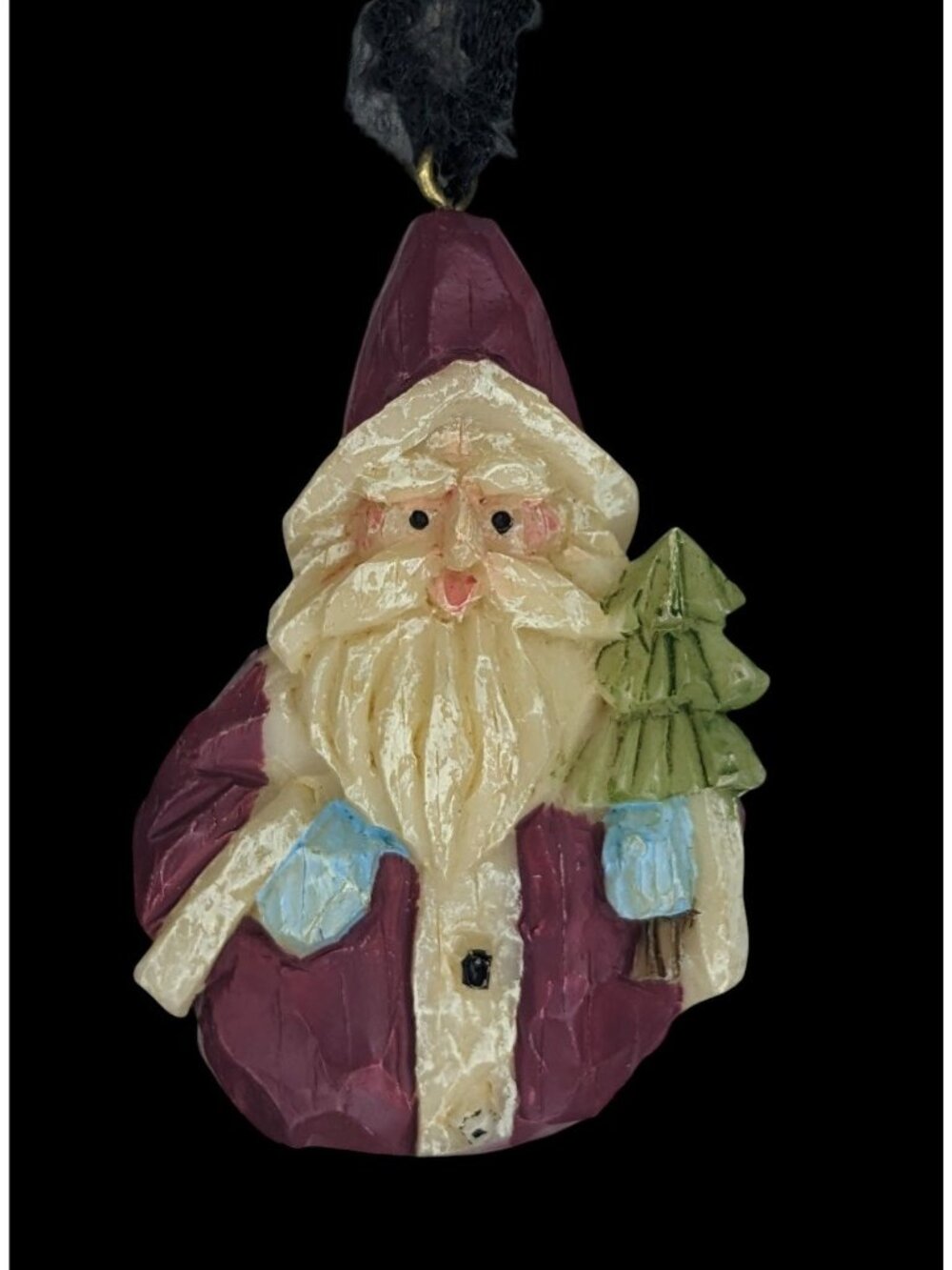 90s Rustic Folk Art Santa Wood-Look Resin Pendant Christmas Necklace